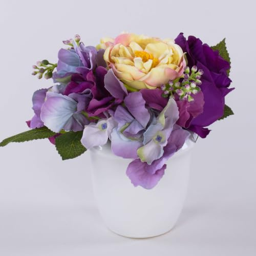 artplants.de Künstliches Rosen, Hortensien Gesteck Feline im Keramiktopf, Creme - lila, 20cm, Ø 23cm - Kunstblume - künstliche Blumen