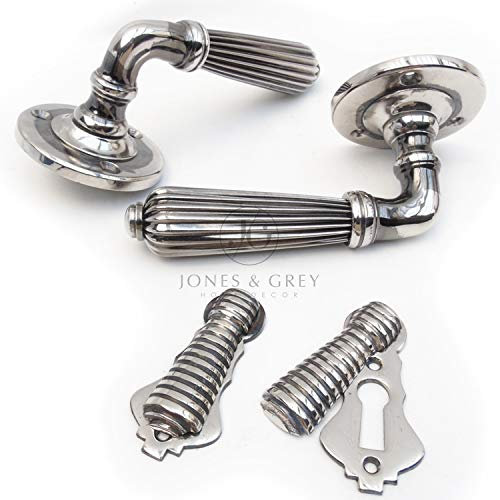 Jones & Grey Reeded Regency Period Style Door Levers & Escutcheons Lock Covers - Antique Nickel