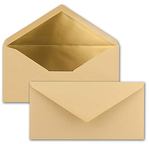 50 Brief-Umschläge DIN Lang - Karamell mit Gold-Metallic Innen-Futter - 110 x 220 mm - Nassklebung - festliche Kuverts für Einladungen