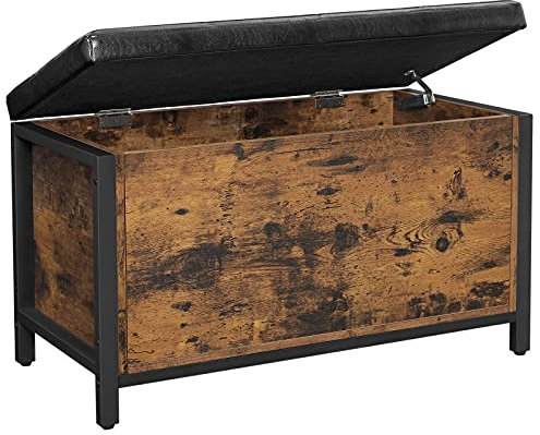 VASAGLE Entryway Storage Bench, Flip Top Storage Ottoman and Trunk with Padded Seat, Bed End Stool, Hallway Living Room Bedroom, Supports 198 lb, Industrial, Rustic Brown and Black ULSC80BX