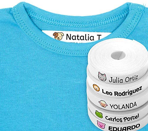100 Etiquetas personalizadas con nombre e icono de color para marcar la ropa. Tela blanca termoadhesiva para planchar en camisetas, pantalones, abrigos y todo tipo de prendas. (Animales)