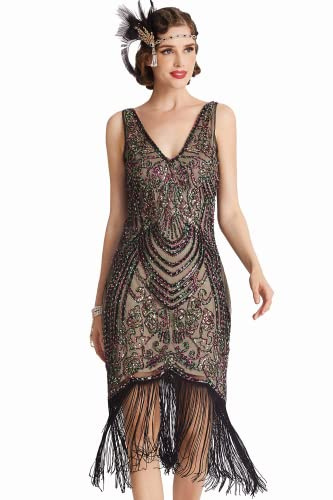 BABEYOND Flapper Dresses 1920s V Neck Beaded Fringed Great Gatsby Dress