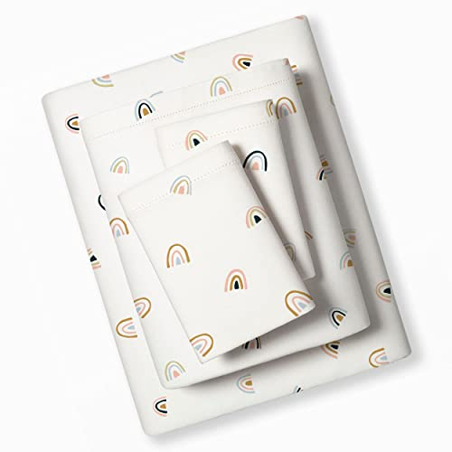 MakeMake Organics Bio-Bettwäsche-Set für Queensize-Betten (4-teilig), GOTS-zertifizierte Bio-Baumwolle, ungiftig, sicher, Spannbetttuch, Kissenbezüge (Regenbogen)