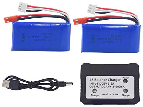 ZYGY 2PCS 7.4V 1100mah Lithium Battery with 2 in1 Charger for WLtoys A949 A959 A969 A979 A320 A321 S989 V912 T23 T55 F45 RC Car Battery