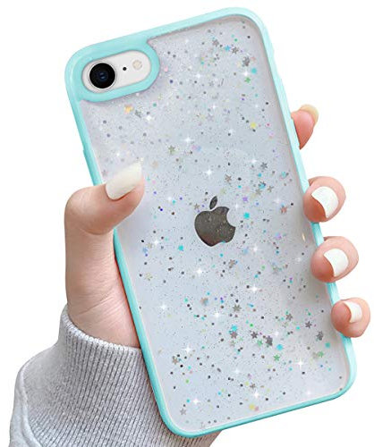Ownest Compatible with iPhone SE 2022/iPhone 7/8/SE 2020 Case,Clear Sparkly Bling Star Glitter Design for Women Girls Soft TPU Shockproof Anti-scratch Protective Cases for iPhone 7/8/SE-Mint Green