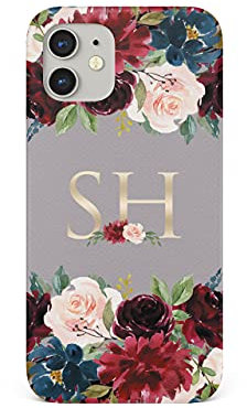 Tirita Personalised Initials Custom Hard Phone Case Compatible with iPhone 12 Mini PRINTED GLITTER, NOT REAL GLITTER Floral Flowers Grey Monogram Bloom