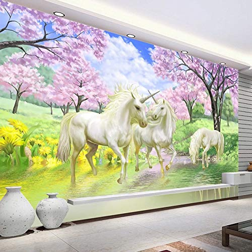 Custom 3D Mural Wallpaper Unicorn Dream Cherry Blossom Tv Background Wall Pictures for Kids Room Bedroom Living Room Wallpaper,350cm(W) x 250cm(H)