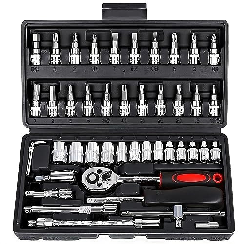 wyewye Socket Set 46 Piece 1/4 Inch Tool Sets Ratchet Set for DIY Enthusiasts Car Tools & Equipment Small Socket Set Extension Bars for Household Car Bike Motorbikes Repair