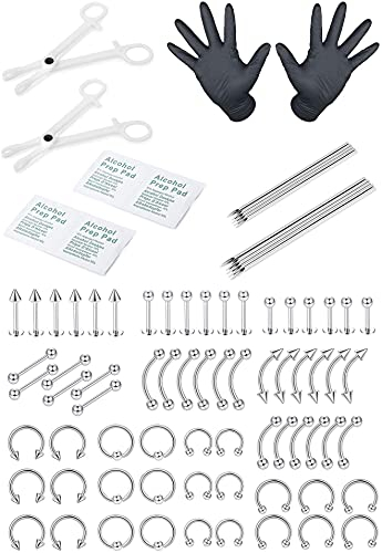 LOLIAS 84 PZ Kit Piercing Professionale Acciaio Inox Anelli Ombelico Piercing Cartilagine Helix Daith Setto Cerchio Piercing Kit Lingua Trago Capezzolo Piercing Labbro Corpo Jewerly 14G 16G