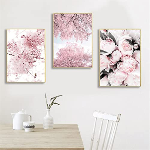RAILONCH 3er Moderne Poster Set Kirschblüten Pfingstrose Blumen Bilder Wanddeko für Wohnzimmer & Schlafzimmer, Blumen Wandbilder ohne Rahmen (21 x 30 cm)