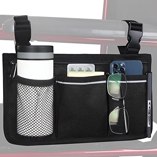 HSGEZUOQI Wheelchair Side Bag, Armrest Storage Pouch with Cup Holder and Reflective Strip Use of Waterproof Fabric for Most Wheelchairs, Walkers or Rollators (Black)