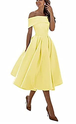 yhfshop Elegant Party Evening Gowns,A-line Satin one-Shoulder Three-Quarter Skirt,Yellow,US12,Knee Length Bridemaid Dresses