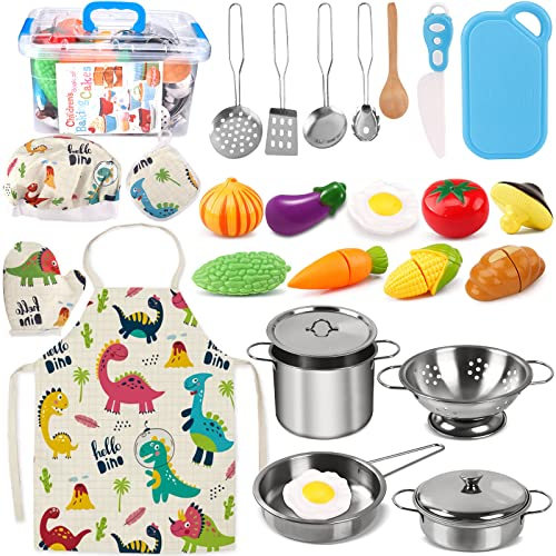 AMAYGA Juguetes de Cocina para niños Accesorios, 27 Piezas Juguetes de Chef para Niños, Set Utensilios de Cocina Culinario Mini Cocina de Juguete, Vegetales para Cortar, Delantal y Gorro De Cocinero