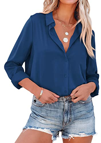 NONSAR Damblus, eleganta långa ärmar, skjortblus med ståkrage, kontorsblusar, lediga toppar, blå, XL