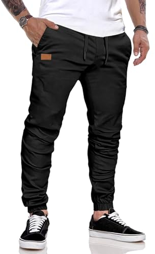 JMIERR Herren Hose Chino Cargo Hose Jogginghose Herren Baumwolle Sporthose Casual Freizeithose Elastische Taille mit Kordelzug Sweatpants Herren mit Taschen, Schwarz S