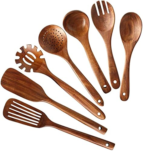 Utensilios Cocina Juego de Utensilios de Cocina Juego de Utensilios de Cocina de Madera, cucharas de Madera for cocinar Juego de espátula de Cocina de Madera de Teca Natural for incluir 7 Paquetes
