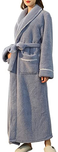 Yishengwan Vestaglia Donna Invernale in Pile Uomo Calda Vestaglia Lunga Accappatoio Senza Cappuccio Blu Mare(F) S/M
