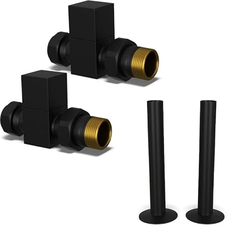 UK Radiators Round Thermostatic Radiator Valve 1/2 x 15mm - W/Pipe Covers | Black Finish - Pair of Valves Included - Solid Brass 1/2 x 15mm Straight - with 130mm Pipe Covers - Manual Control