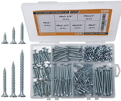 JEGONFRI Assortiment de vis à bois haute dureté, 209 pièces, tête plate Philips, vis à bois, vis pour cloison sèche, vis assorties, ensemble de vis, 6 tailles (5,1 cm, 3,8 cm, 3,8 cm, 1,2 cm, 1,2 cm)