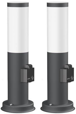 ledscom.de 2 Stück Pollerleuchte PORU mit Steckdose für außen, anthrazit, rund, 38,5cm, inkl. Smart Home RGBW E27 LED Lampe, 892lm