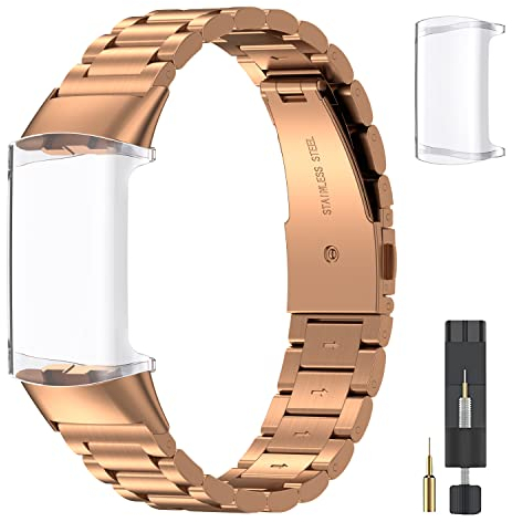 EZMVZKU Metall Armband für Fitbit Charge 5/Charge 6 mit Schutzhülle,Edelstahl Ersatzarmband Kompatibel mit Charge 6/5 Advanced Fitness/Gesundheitstracker Uhrenarmband und Cover-Rosegold