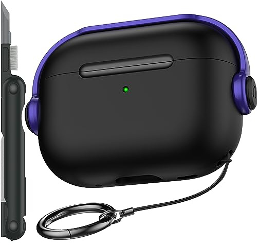 R-fun Compatible with Airpods Pro 2nd/1st Generation Case Cover (2022/2019) with Secure Lock, Music Headset Earphone Protective Case with Cleaning Kit Compatible with Airpods Pro case,Black & Purple