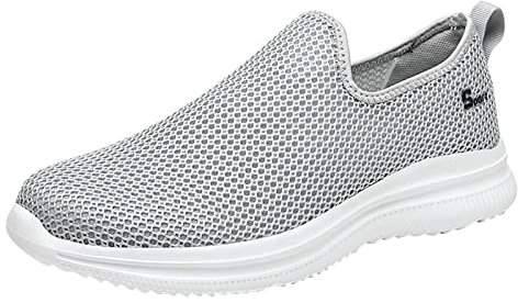 IQYU Zapatos diabéticos para hombre, moda, verano, zapatillas de deporte de malla, transpirables, planas, ligeras, cómodas, zapatillas para hombre, talla 47, azul, gris, 42 EU