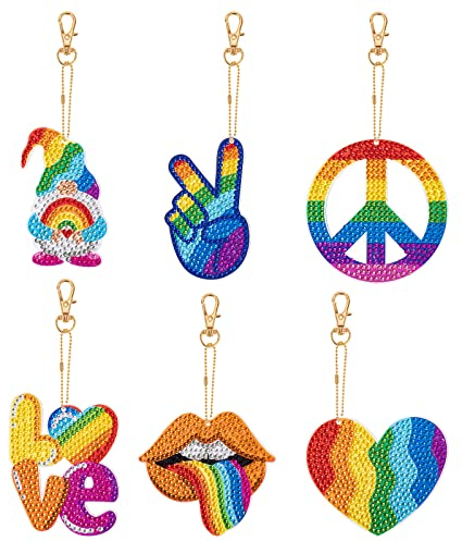 JSRQT 6 Stücke Diamond Art Painting Schlüsselanhänger LGBT Regenbogen Diamond Art Painting Anhänger Doppelseitig Stickerei Kunst Handwerk für Handtasche Dekoration DIY Diamant Malerei Schlüsselbund