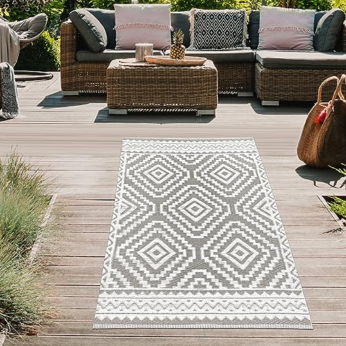 Teppich-Traum Recyclebarer Outdoor-Teppich wetterfest Azteken-Motiv grau weiß wendbar wasserfest Campingmatte 90x150 cm