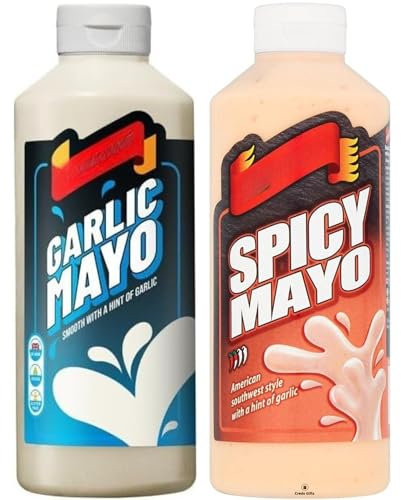 Crucials Garlic & Mayo Squeezy Sauce 500ml with Spicy Mayo Hint of Garlic Squeezy 500ml (2 Pack Mixed Bundle)