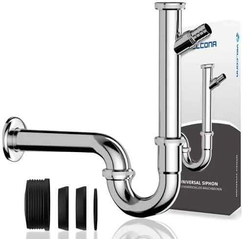 Yelcona Universal Siphon für Waschbecken & Waschtisch - Abflussgarnitur passgenau - Geruchsverschluss inkl. Gummimanschette + Röhrensiphon Ablaufgarnitur (Extra Lang 200mm + Geräteanschluss)