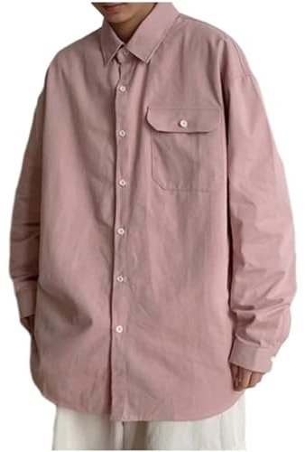 COOFANDY Camicia Uomo Button Down Manica Lunga Casual Shirt Unicoloured Casual Regular Fit Work Shirt Rosa Chiaro L