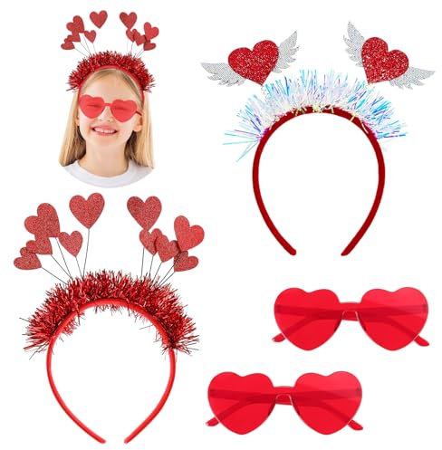 Herz Haarreif Rot 2pcs Liebe Herz Haarreifen mit 2pcs Retro Randlose Herzform Brille Partybrille, Blink Haarreif Herzen Pailletten Herz Stirnband Amor Kostüm Damen für Kinder Erwachsene Valentinstag