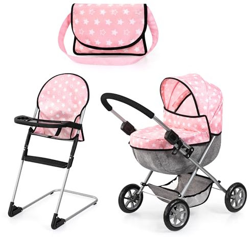Bayer Design 13730AB Set Puppenwagen faltbar, Softer Griff, mit Tasche, Hochstuhl, Rosa, Grau