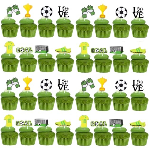 KOBOKO Tortendeko Fussball, 32 Stück Fußball Cupcake Topper, Fussball Tortendeko Kinder, Tortendeko Fussball Jungen, Fussball Torten Deko Geburtstag Kinder, Cake Topper für Fussball Party Deko