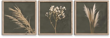 STYLER Bilder Set Pampas 3x 30x30 cm (AUFHÄNGFERTIG) mit hochwertigem Holzrahmen – Natürliche Schönheit für Ihr Zuhause – Grün Oliv Beige Minimalistisch Boho Gras