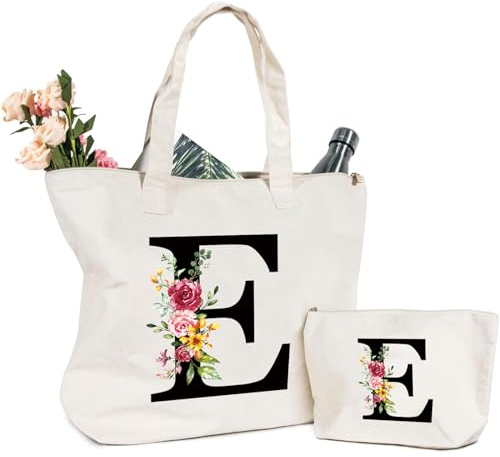 Tragetasche und Kosmetiktasche mit Initial, Canvas Einkaufstasche mit Reißverschluss, Personalisiert Initialen Baumwolltasche Geschenk für Freundin Frau Mama Schwester Geburtstag Hochzeit Muttertag E