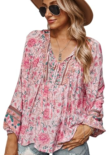 CNTSFS Chemisier femme élégant décontracté Boho col en V, motif floral, tunique ample, manches longues, été, Rose, L