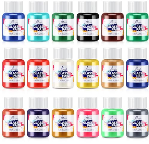 Glass Paint, Bearals 18 Colors Stained Glass Paint, Paint for Glass, Glass Paints for Glass Painting, Non Toxic Glass Paint for Wine Glasses, Light Bulbs, Windows and Ceramics (0.85 fl.oz)