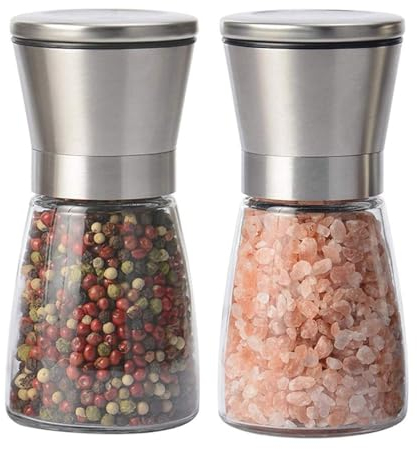 2 Pcs Salt and Pepper Grinder Set - Food Grade Stainless Steel Glass Bottle Shakers Adjustable Thickness and Size of Salt and Pepper for Condiment and BBQ[Without Spice Content] (Short)