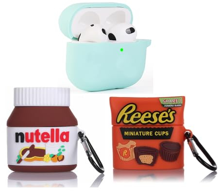 Suublg Silikon-Schutzhülle für Airpods 3. Generation (2022), Schutzhülle für Airpods 3, mit niedlichem lustigem Hautdesign, mit Schlüsselanhänger, Grün + Reese + Nutella, 3 Stück
