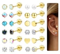 JeweBella 12 Pairs 20G Helix Piercings Ohr Knorpel Ohrringe Set für Damen Herren Hypoallergen Silber/Gold Ohrstecker Chirurgenstahl Moonstone Opal Türkis Ohrringe Medizinische Ohrstecker Ohrpiercing