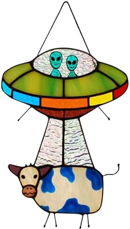 UFO Alien Cow Pendant Stained Glass Suncatcher Window Panel Garden Decorations