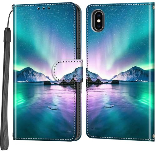 Salanheo Wallet Case for iPhone X/XS, Ocean and Aurora | Card Slots, Kickstand, Shockproof, Magnetic Closure, PU Leather, Flip Wallet Book, Lanyard Strap