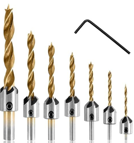 Set di Punte per Legno con Svasatori, 7 Pezzi Trapani a Spirale per Legno Svasatori a 90° Utensili per Lavorazione del Legno Ideale per Falegnameria e Fai da Te