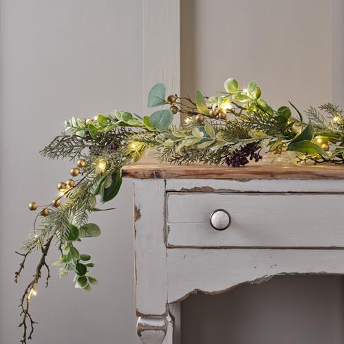 Lights4fun 1,5m Weihnachtsgirlande Gold Tannengirlande und Micro LED Lichterkette Timer Tischdeko Weihnachts Tischläufer Weihnachten