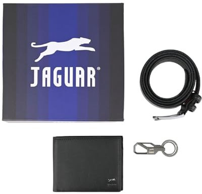 JAGUAR Coffret cadeau pour homme, Ceinture et portefeuille noir + porte-clés