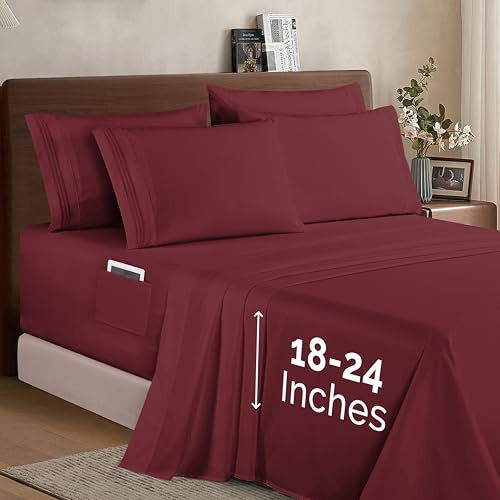 Elegant Comfort 1500 Premium Quality 6-Piece Bed Sheet Set - 18-24 Inch Extra Deep Pocket, Smart Storage Pockets, Wrinkle Free Ultra Soft 6PC Extra Deep Pocket Sheets, Queen, Burgundy