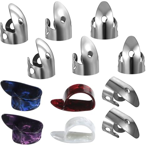 Ptwola 12pcs Steel Finger Picks Set, Includes 8pcs Silver Steel Finger Picks and 4pcs Plastic Celluloid Thumb Picks Adjustable Metal Bass Plectrum for Acoustic Guitar Banjos Mandolin Harp