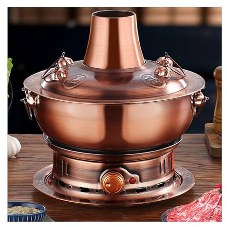 Vecchia pentola calda di Pechino, pentola calda da campeggio, riscaldatore in acciaio inossidabile, pentola calda mongola for più persone, cuoci agnello (elettrico al carbonio, doppio uso)(Brass,34cm)